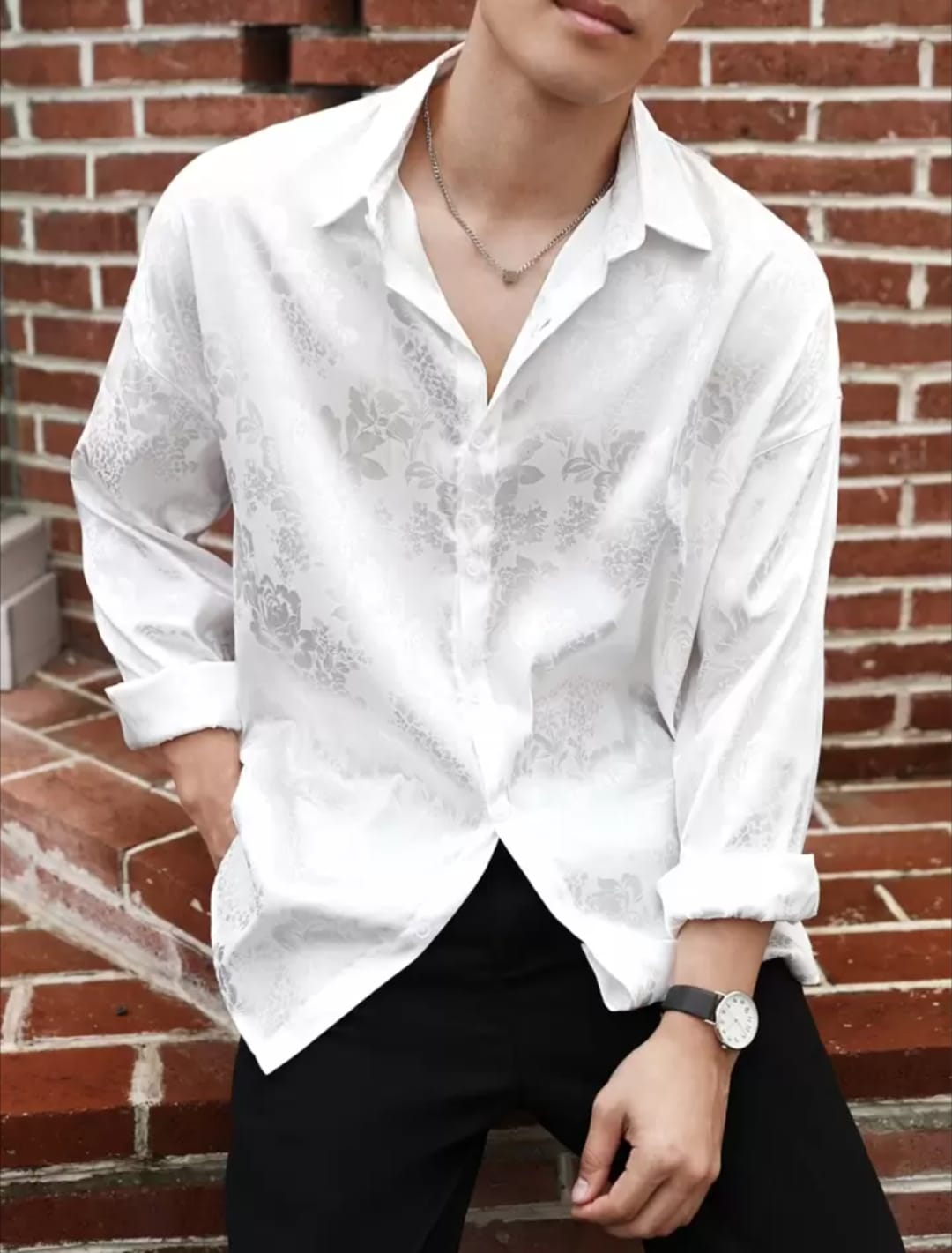 Men's White Floral Jacquard Satin Casual Shirt